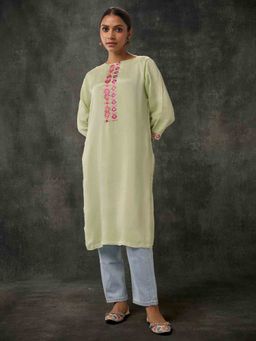Phulkari Forever - Pure Chinon Hand Embroidered Phulkari Kurta - Pastel Green