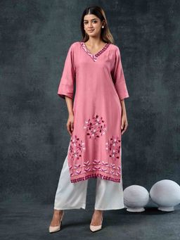 Phulkari Forever - Pure Muslin Hand Embroidered Phulkari Kurta - Rosette Pink