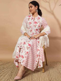 PINKSKY - Cotton Rose-Printed Paneled Kurta with Mirror Work