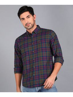 Urbano Fashion - Men Olive Cotton Full Sleeve Checkered Shirt