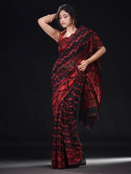 Beatitude - Black Cotton Silk Woven Jacquard Jamdani Saree with Unstitched Blouse