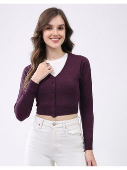 Monte Carlo - Women Fitted V Neck Full Sleeve Purple Solid Cardigan