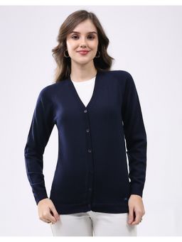 Monte Carlo - Women Regular Fit V Neck Full Sleeve Solid Navy Blue Cardigan