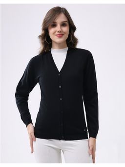 Monte Carlo - Women Regular Fit V Neck Full Sleeve Solid Black Cardigan