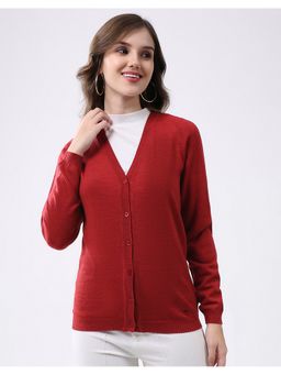 Monte Carlo - Red Women Regular Fit V Neck Full Sleeve Solid Cardigan