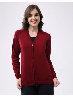 Monte Carlo - Women Maroon Regular Fit V Neck Full Sleeve Solid Cardigan