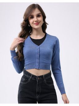 Monte Carlo - Women Fitted V Neck Full Sleeve Blue Solid Cardigan