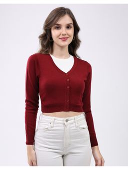 Monte Carlo - Women Fitted V Neck Full Sleeve Maroon Solid Cardigan