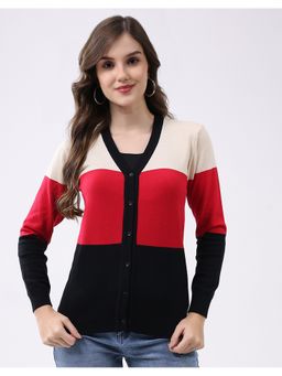 Monte Carlo - Women Regular Fit V Neck Full Sleeve Colorblock Cardigan
