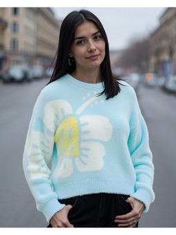 Bewakoof - Women's Blue & White Graphic Printed Oversized Sweater
