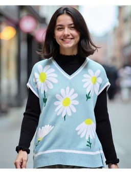 Bewakoof - Women's Blue Floral Printed Oversized Sweater