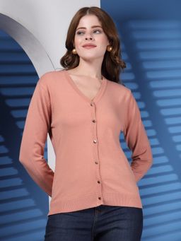 Juelle - Peach Women V-Neck Woollen Cardigan