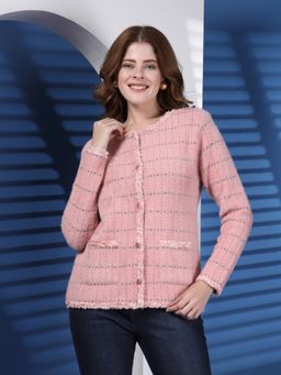 Juelle - Peach Checked Woven Design Winterwear Woollen Cardigan