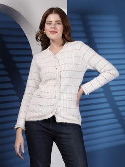 Juelle - White Women Geometric V Neck Cardigan