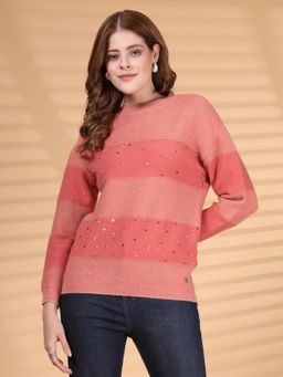 Juelle - Peach Women Striped Self Design Woollen Pullover Sweater