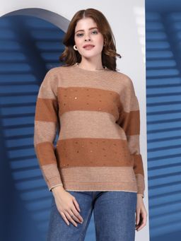 Juelle - Brown Women Striped Crew Neck Woollen Pullover Sweater