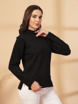 Juelle - Black Women Ribbed High Neck Pullover Sweaters