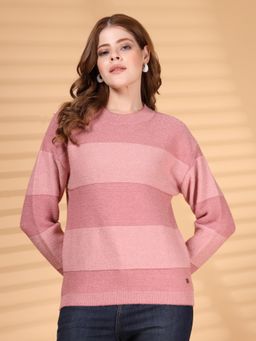 Juelle - Peach Women Striped Round Neck Woollen Pullover Sweater