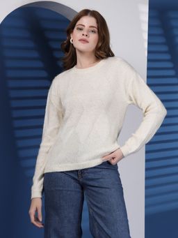 Juelle - Off White Women Geometric Round Neck Woollen Pullover Sweaters