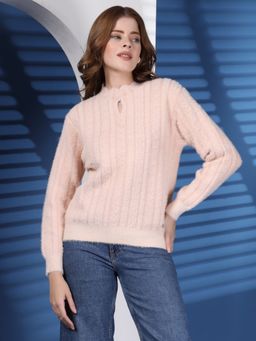 Juelle - Pink Women Striped High Neck Woollen Pullover Sweater