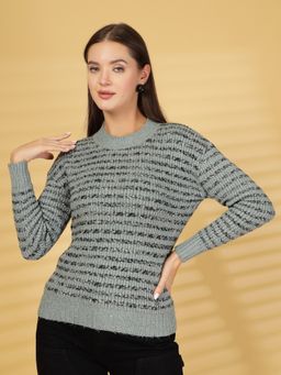 Juelle - Teal Women Striped Crew Neck Winterwear Pullover Sweater