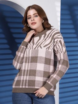 Juelle - Beige Women Checks Printed Crew Neck Woollen Pullover Sweater