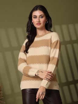 Juelle - Beige Women Striped Pullover Sweaters