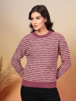 Juelle - Pink Women Striped Crew Neck Woollen Pullover Sweater