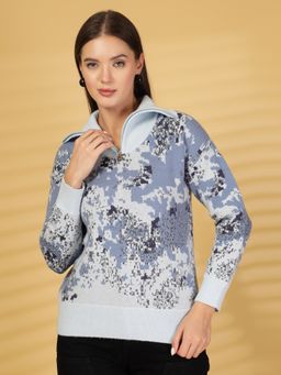 Juelle - Blue Women Abstract Woollen Pullover Sweater