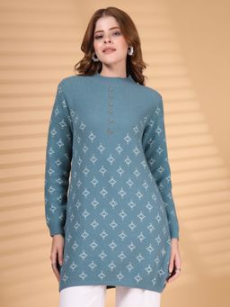 Juelle - Blue Women Woollen High Neck Longline Pullover Sweater