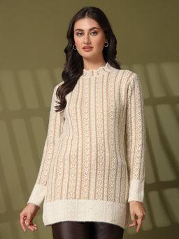 Juelle - Cream Women Self Design Longline Pullover Sweater