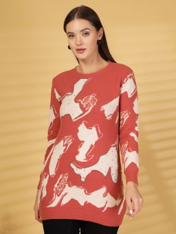 Juelle - Rust Women Abstract Printed Longline Pullover Sweater