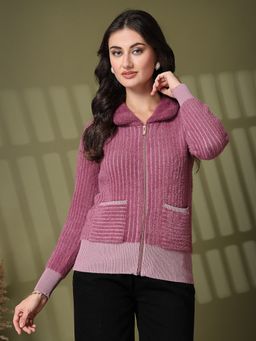 Juelle - Pink Women Striped Ribbed Cardigans