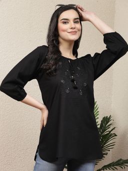 Nayam by lakshita - Women Black Solid Embroidered Tie Up Neck Top