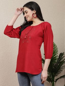 Nayam by lakshita - Women Maroon Solid Embroidered Tie Up Neck Top