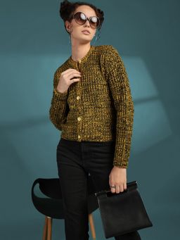 CHKOKKO - Women Mustard Round Woollen Cardigan