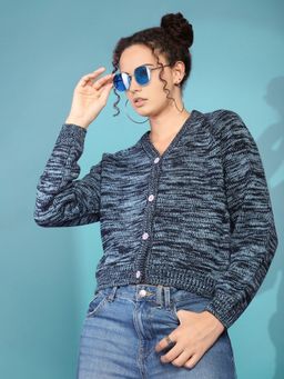 CHKOKKO - Women Ice Blue V Neck Woollen Cardigan
