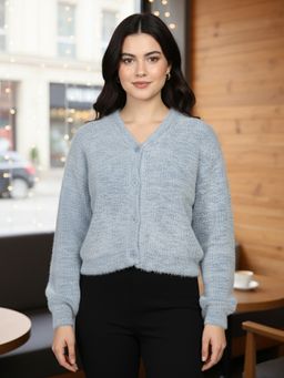 CHKOKKO - Women Grey V Neck Woollen Cardigan