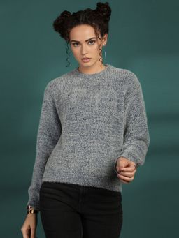 CHKOKKO - Women Grey Blue Round Neck Striped Pullover Sweater