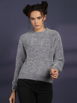 CHKOKKO - Women Grey Purple Round Neck Striped Pullover Sweater