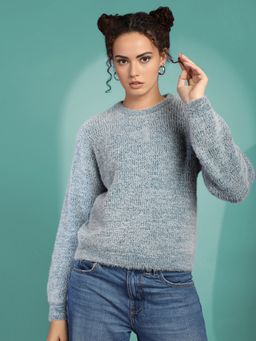 CHKOKKO - Women Blue Round Neck Striped Pullover Sweater