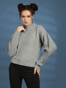 CHKOKKO - Women Grey Turtle Neck Pullover Sweater