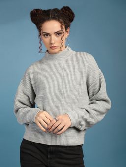 CHKOKKO - Women Light Grey Turtle Neck Pullover Sweater