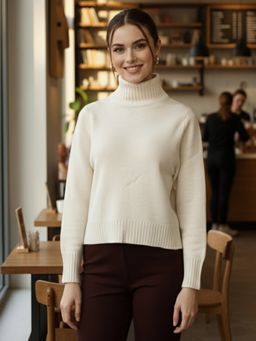 CHKOKKO - Women Cream High Neck Crop Ribbed Pullover Sweater