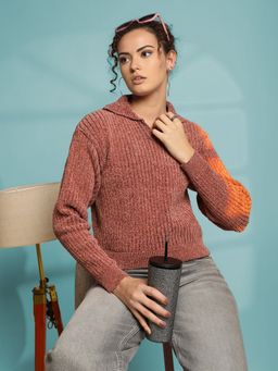 CHKOKKO - Women Blush Brown Mock Collar Ribbed Pullover Sweater