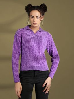 CHKOKKO - Women Purple Mock Collar Ribbed Pullover Sweater