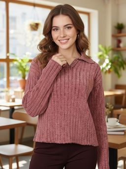 CHKOKKO - Women Blush Pink Mock Collar Ribbed Pullover Sweater