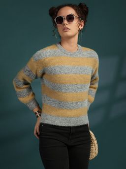 CHKOKKO - Women Mustard Round Neck Striped Pullover Sweater