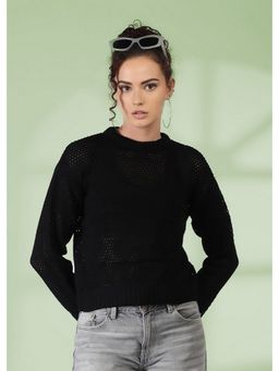 CHKOKKO - Women Black Knit Self Design Crew Neck Pullover Sweater