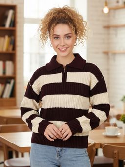 CHKOKKO - Women Wine Cream Mock Collar Striped Pullover Sweater
